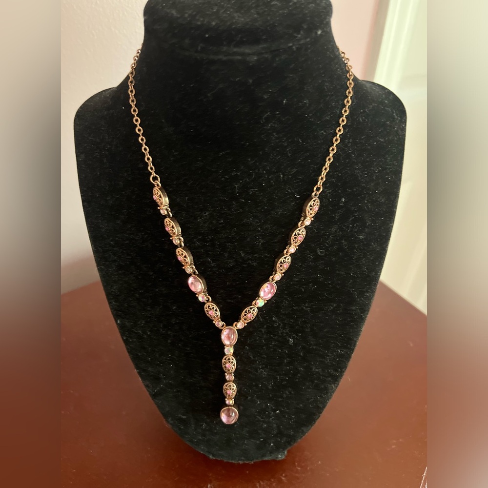 Rose Gold Tone, Y Shaped Necklace With Filigree Design And Pink Crystals